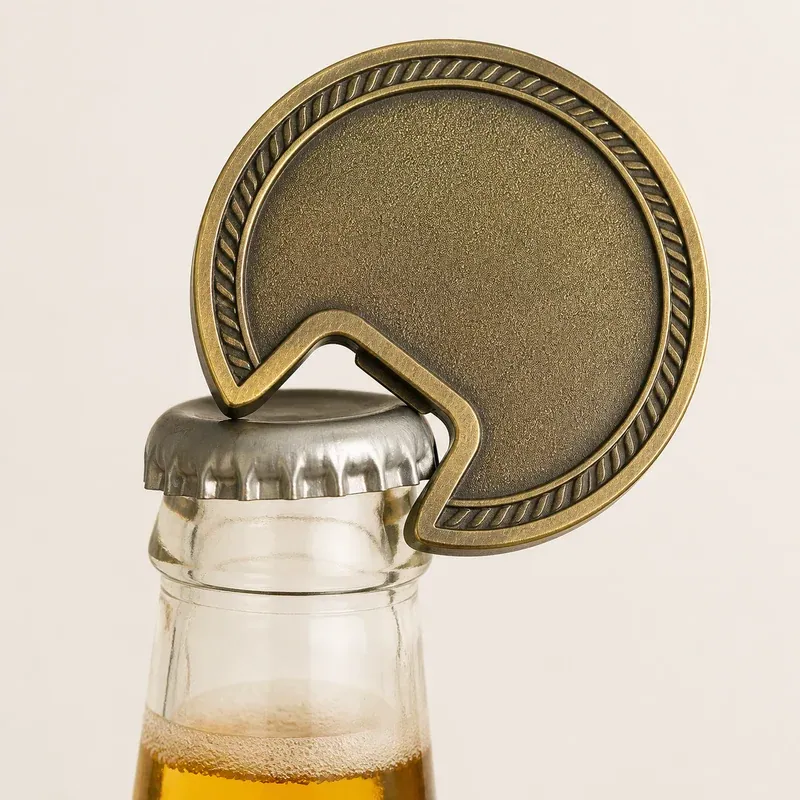 Coin bottle opener lifting a metal bottle cap
