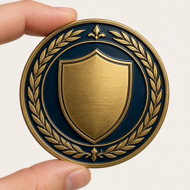 Oversized display coin held between two fingers for scale