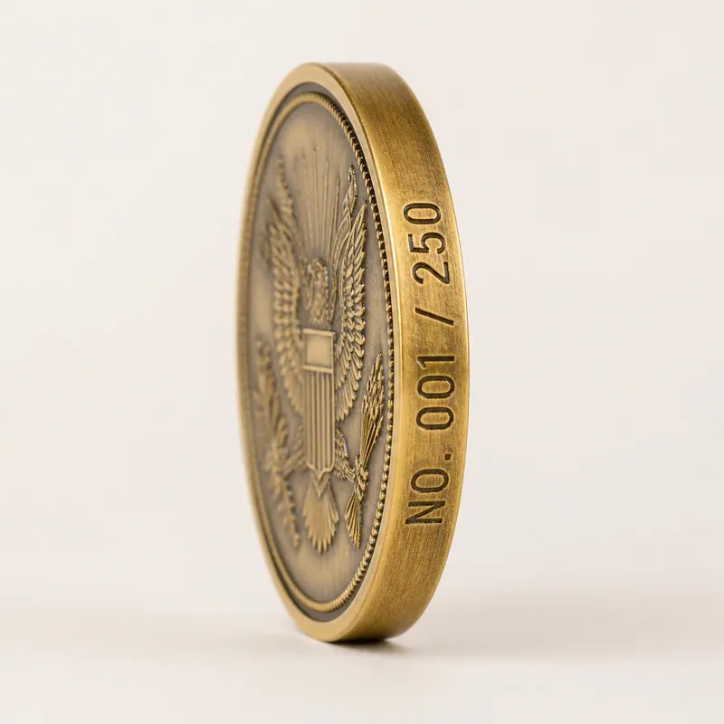 Coin edge engraved with sequential number 001 of 250