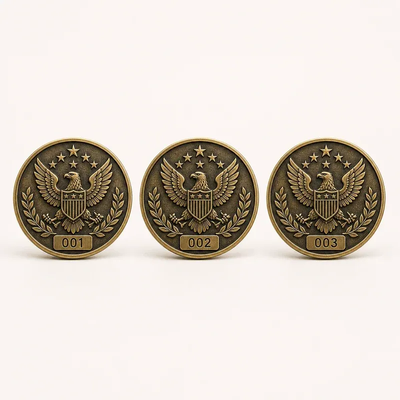 Three matching coins numbered 001, 002, and 003
