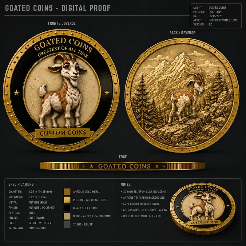 Digital proof sheet for a GOATED COINS custom coin