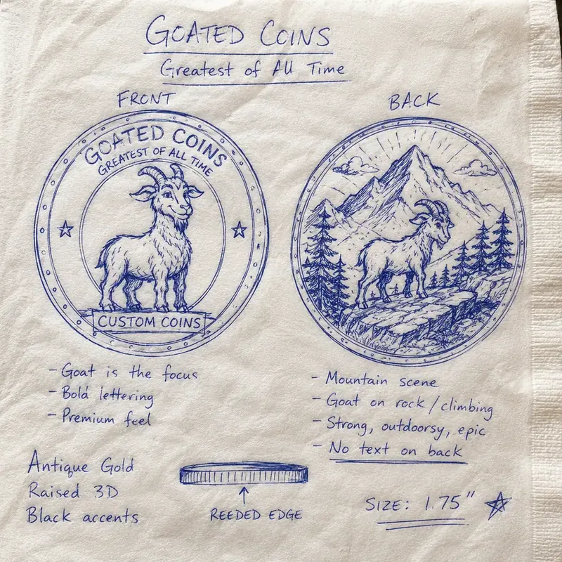 Hand-drawn sketch for a GOATED COINS custom coin