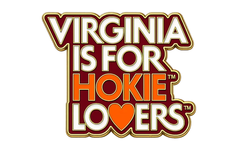 Hokie Lovers pin artwork with maroon background and orange and white lettering