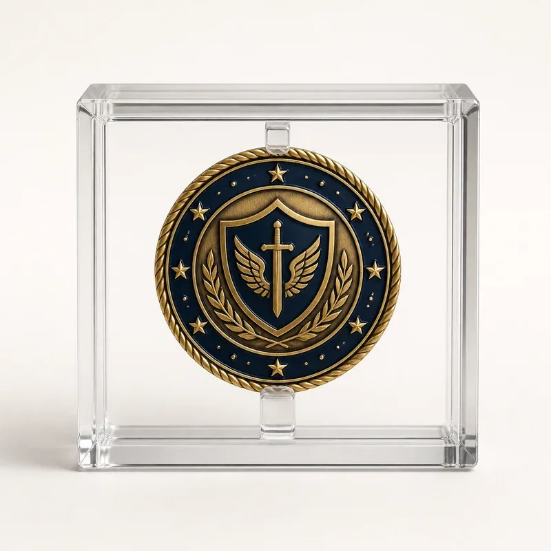 Coin displayed inside a square clear acrylic block