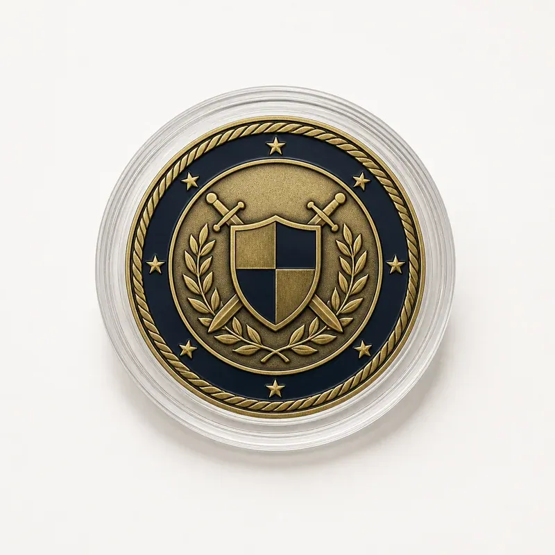 Coin enclosed in a round clear hard-plastic capsule