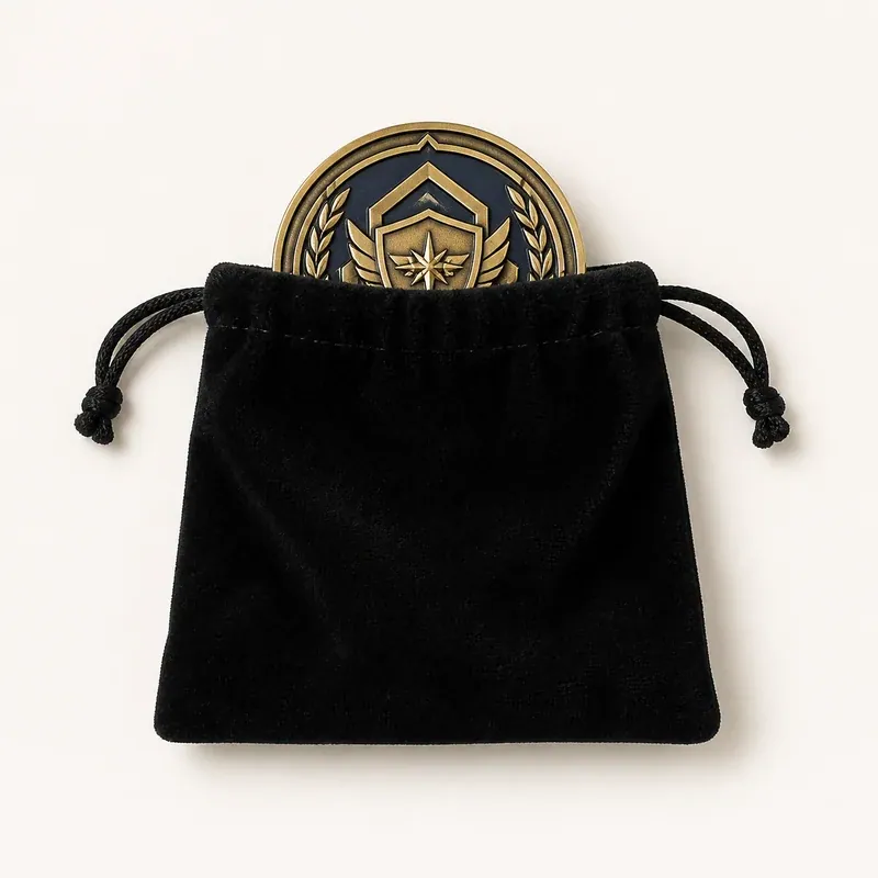 Coin presented with a black velvet drawstring pouch