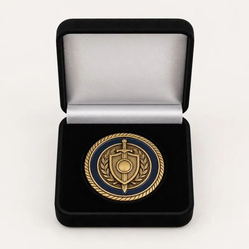 Coin nested in an open hinged premium presentation box