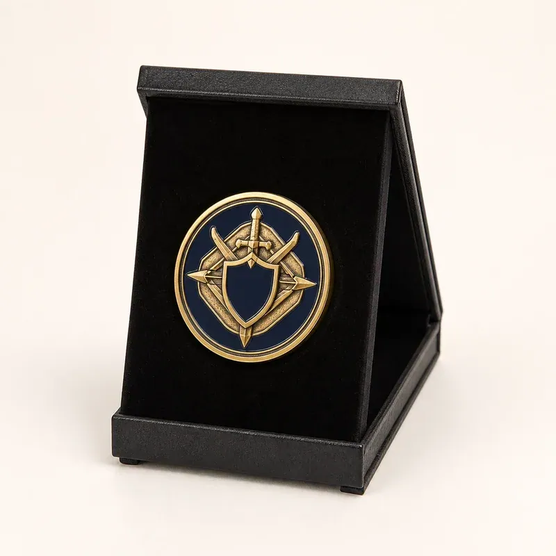 Coin displayed upright on a black desktop stand