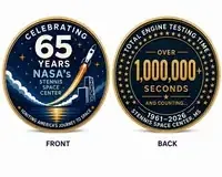 Original front-and-back concept supplied by Stennis for the 65 years and 1,000,000 seconds coin