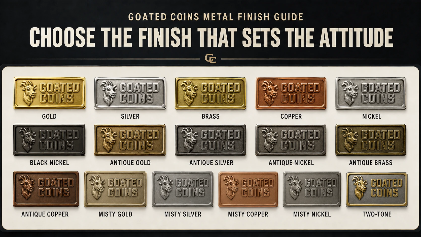 Goated Coins metal finish guide showing the goat emblem struck in sixteen finishes: gold, silver, brass, copper, nickel, black nickel, antique gold, antique silver, antique nickel, antique brass, antique copper, misty gold, misty silver, misty copper, misty nickel, and two-tone.