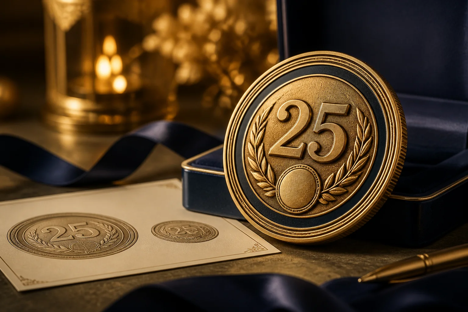 Anniversary custom coin concept with ribbon and proof art