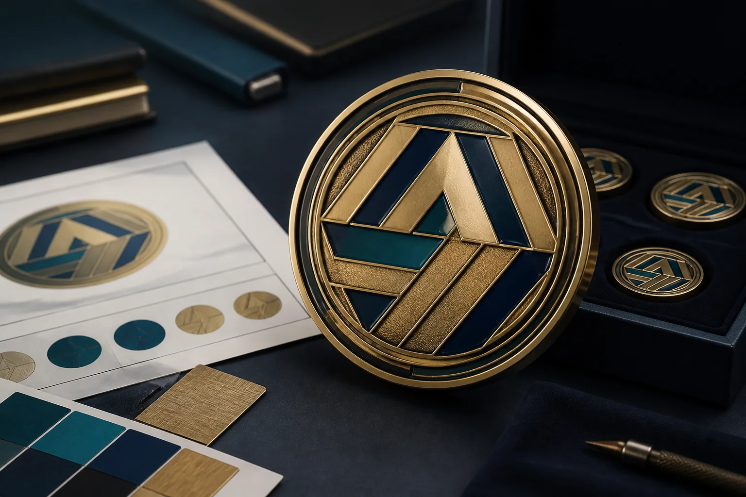 Branded company coin concept with swatches and proof sheets