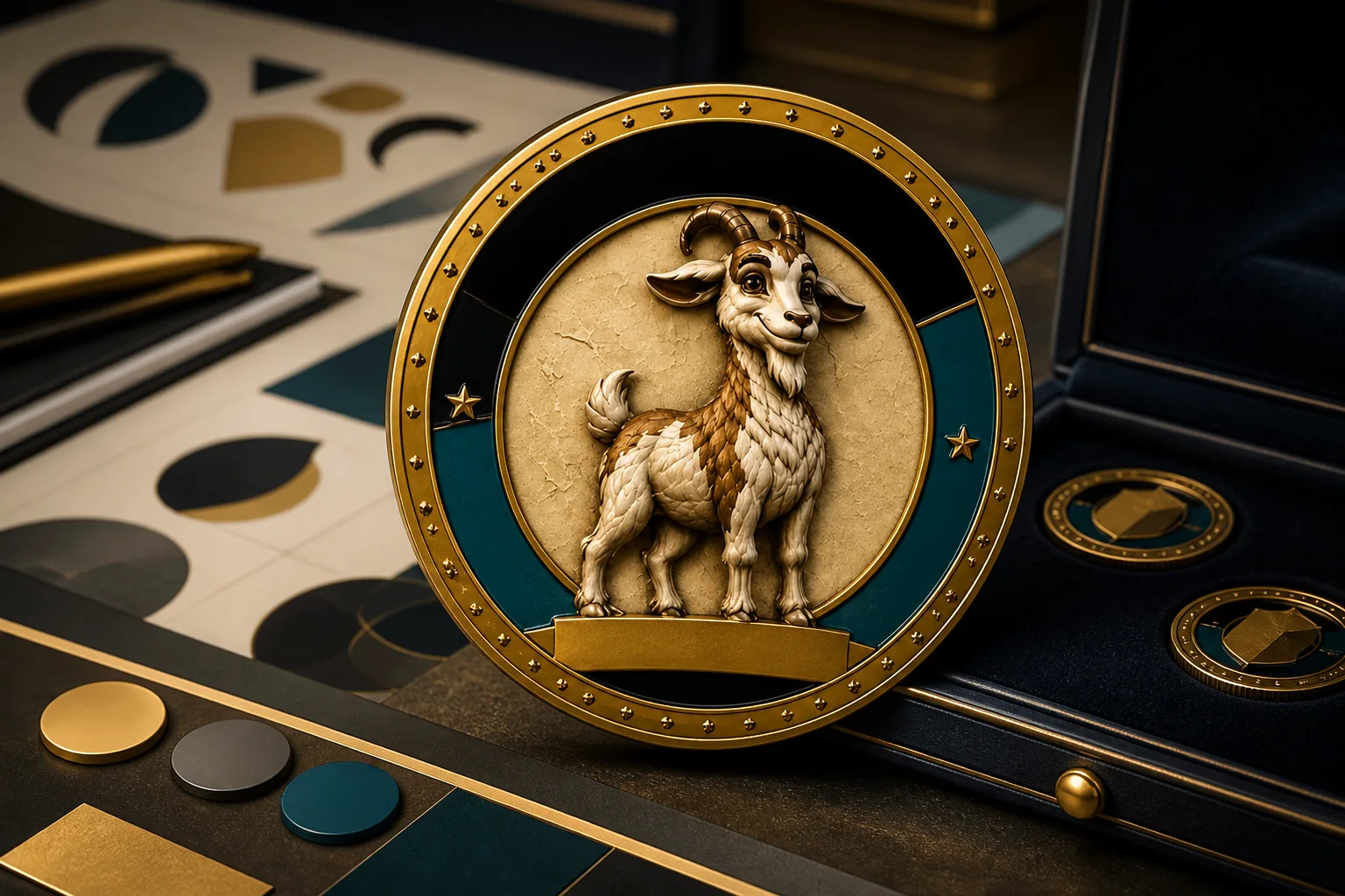 GOATED goat coin adapted as a branded company coin with enamel color accents