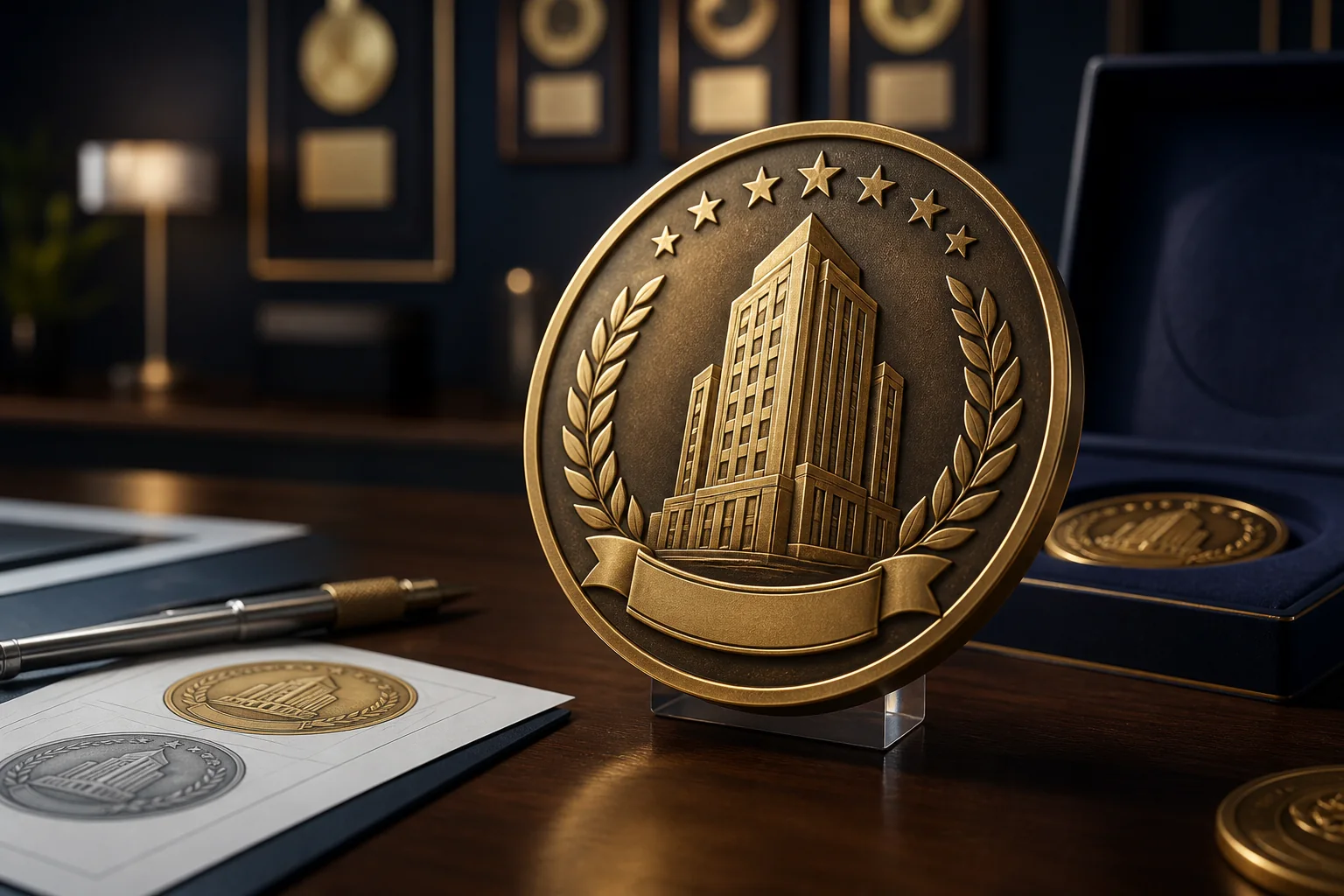 Corporate milestone coin concept with award-wall presentation