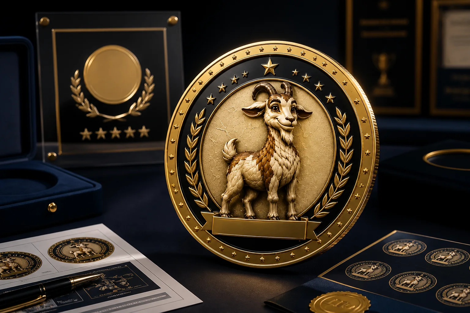 GOATED goat coin adapted as a custom corporate milestone recognition coin