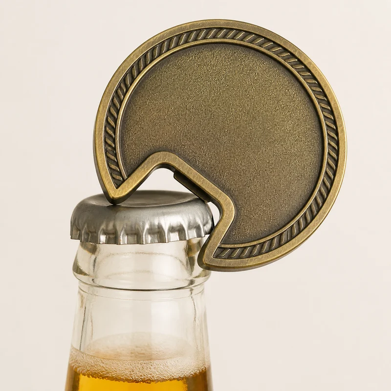 Coin bottle opener lifting a metal bottle cap