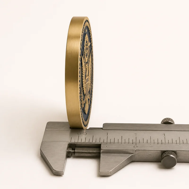 Premium heavy coin shown edge-on with a caliper
