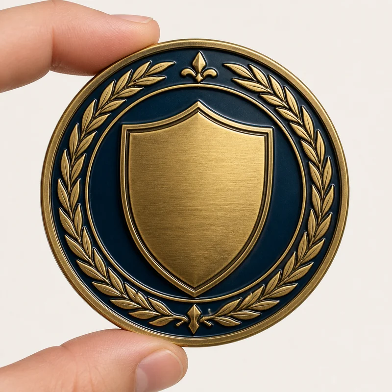 Oversized display coin held between two fingers for scale