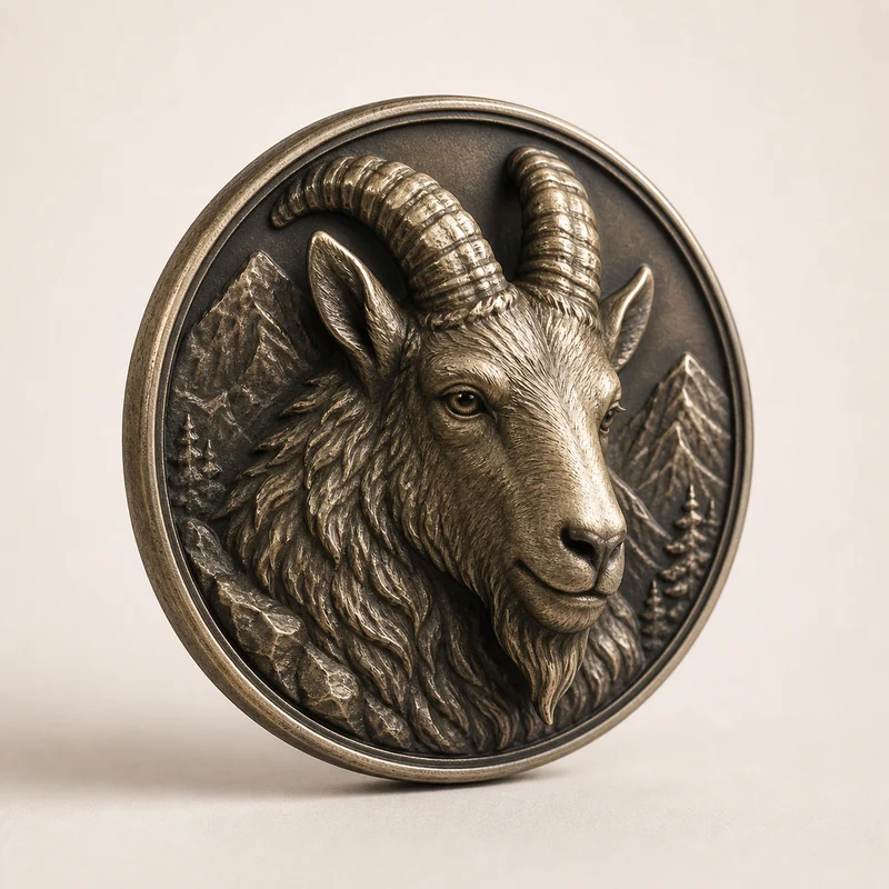 Coin with a sculpted goat in graduated dimensional relief