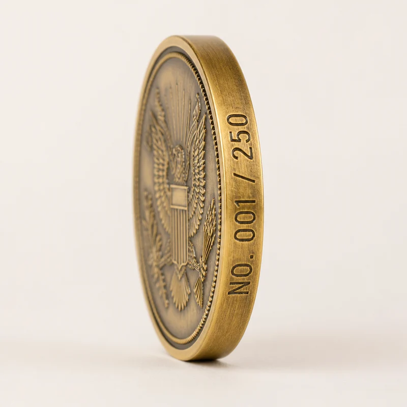 Coin edge engraved with sequential number 001 of 250