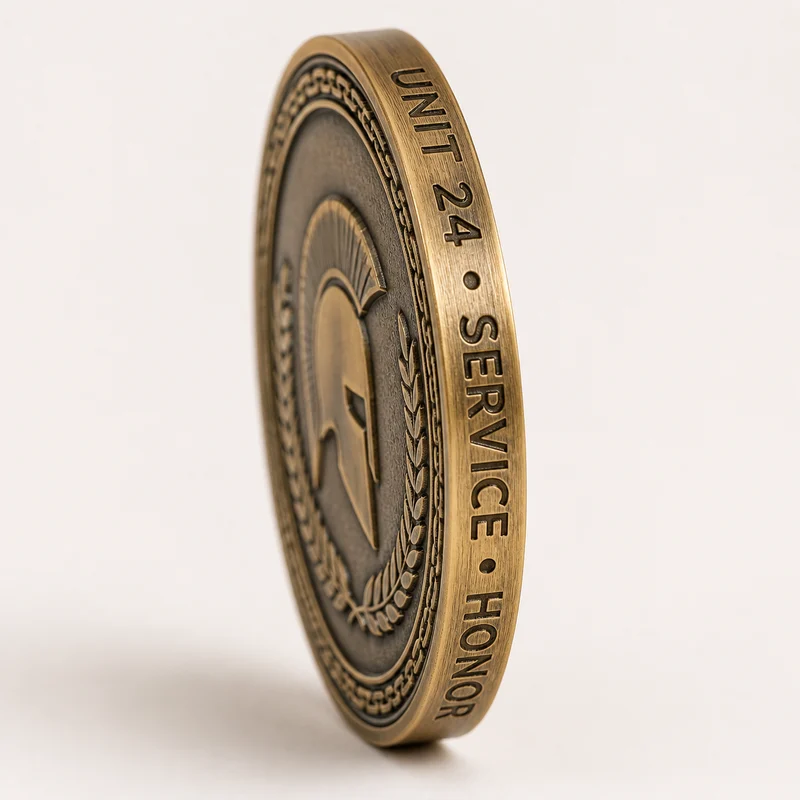 Coin edge engraved with custom unit wording