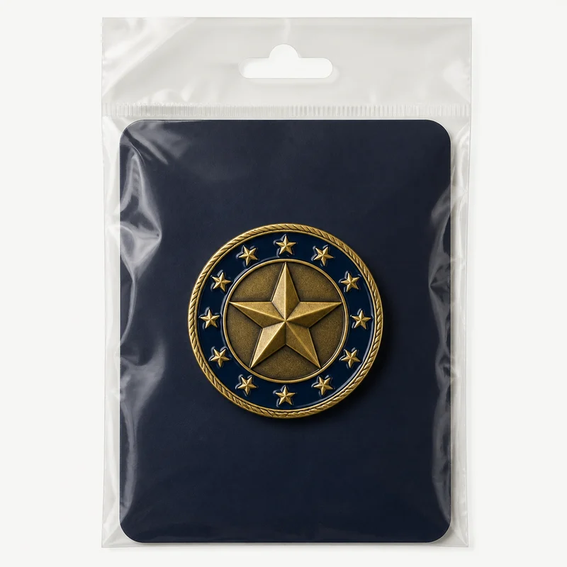 Coin mounted on a backing card in a clear hanging retail sleeve
