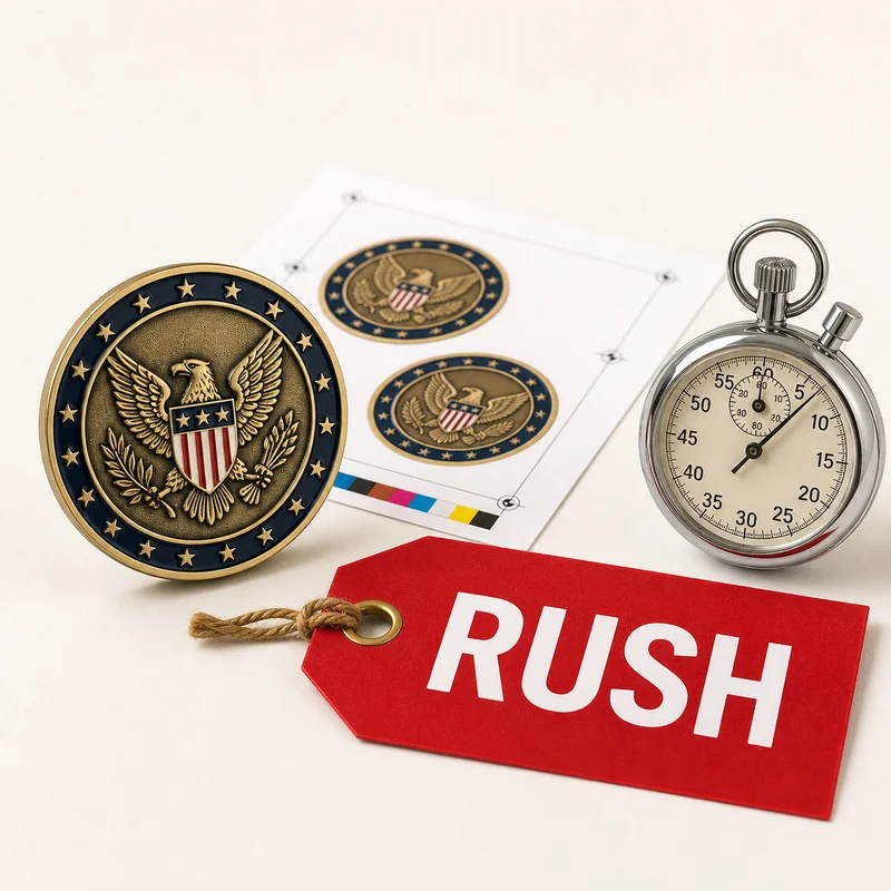 Coin proof and stopwatch beside a red rush priority tag
