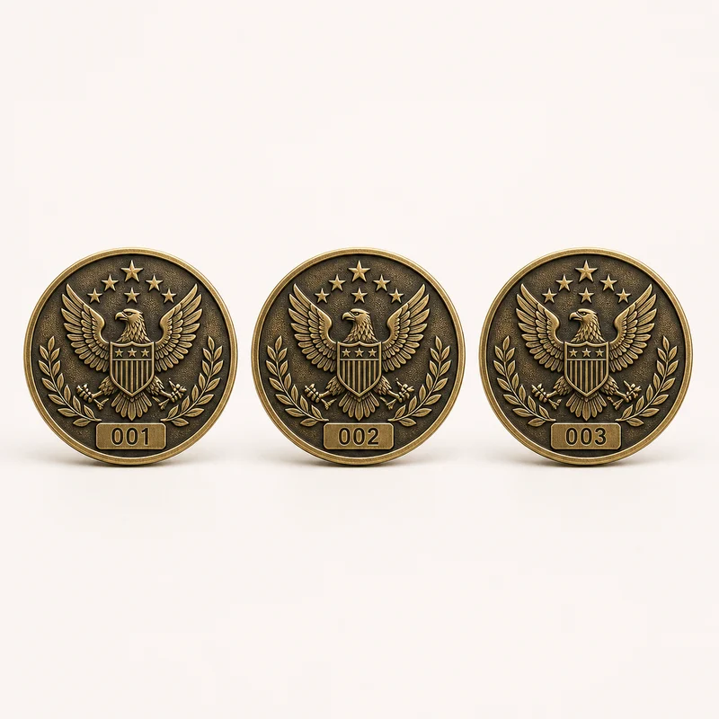 Three matching coins numbered 001, 002, and 003