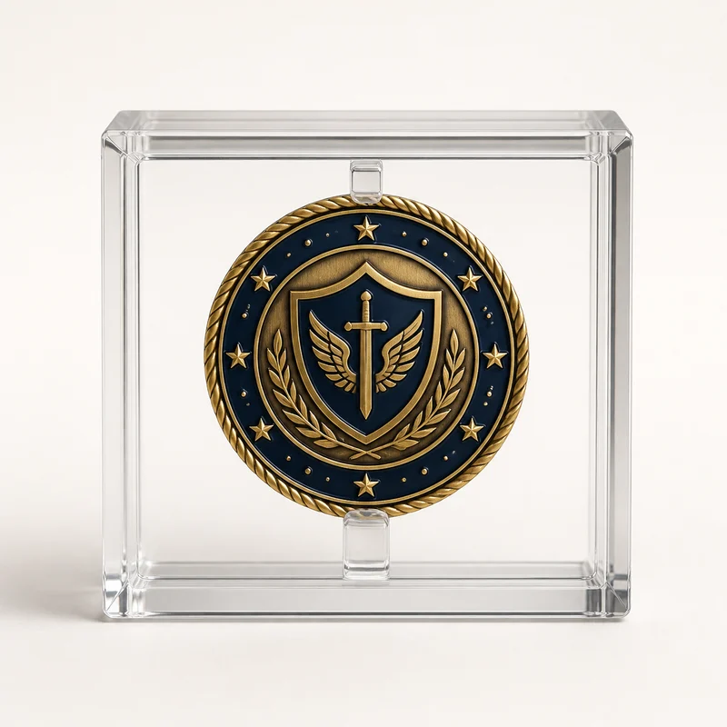 Coin displayed inside a square clear acrylic block