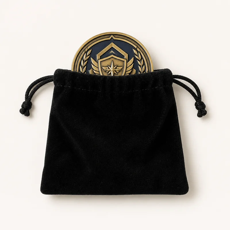 Coin presented with a black velvet drawstring pouch