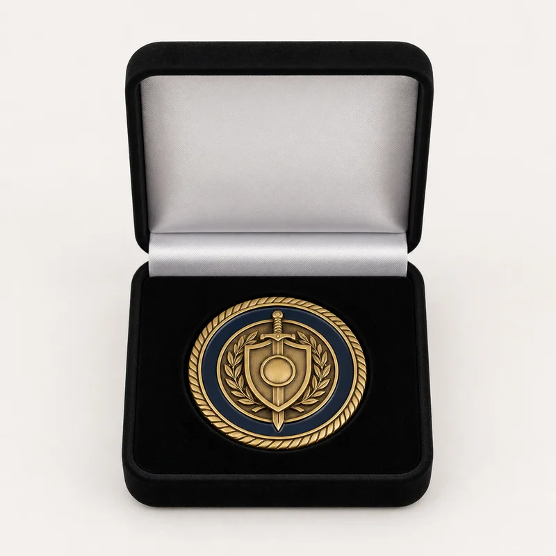 Coin nested in an open hinged premium presentation box
