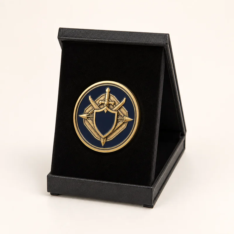 Coin displayed upright on a black desktop stand
